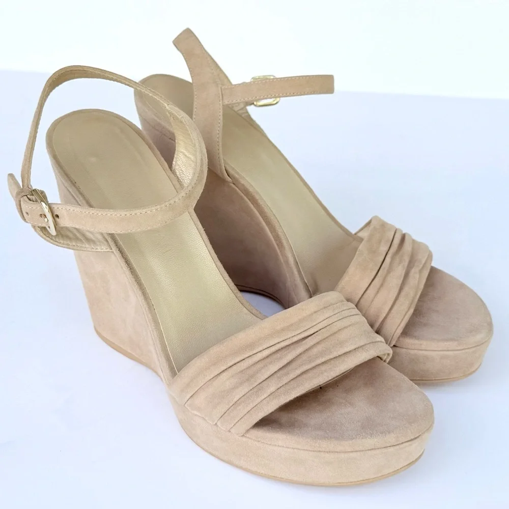Stuart Weitzman Sundraped Tan / Beige Suede Wedge Ankle Strap Sandals 8.5 - Picture 10 of 16